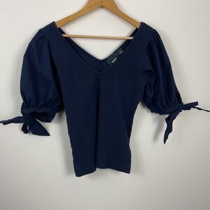 Maeve by Anthropologie Navy Blue Puff Sleeve V Neck Tie Cuff Knit Top Size Small